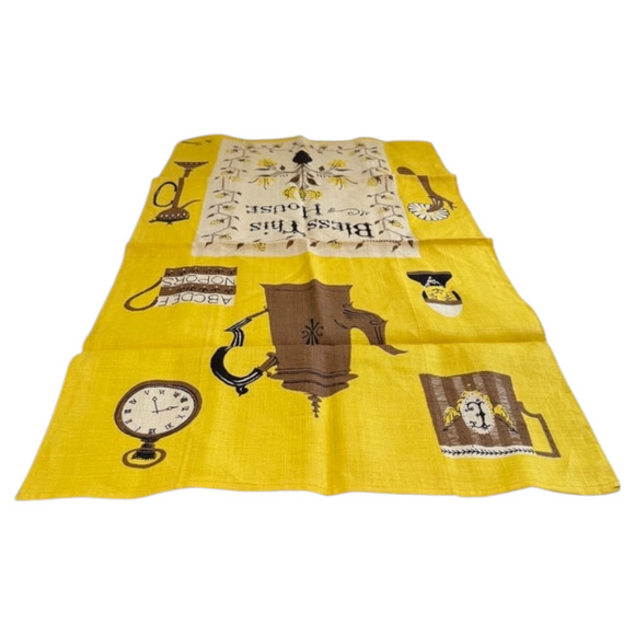 Vintage Peg Thomas Tea Towel Linen Bless This House Kitchen Dish MCM Yellow NOS - Picture 10 of 14